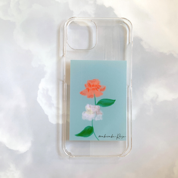 iphone14ケース スマホ　バラ　一輪薔薇　花　花柄　葉　韓国風　カード風　かわいい　キレイ　おしゃれ　クリア　透明