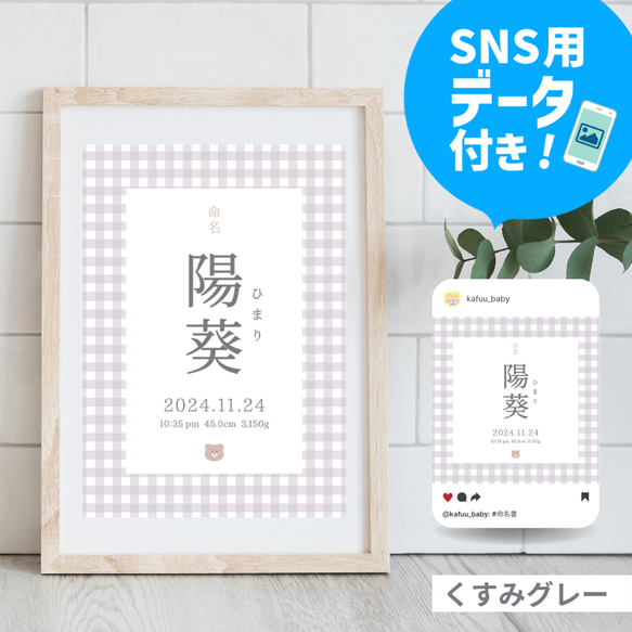 【SNS用データプレゼント】全５色｜くまちゃん×ギンガムチェック｜命名書｜お七夜にも◎