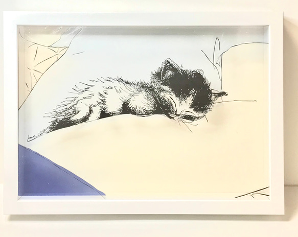 【額入り(白or黒)】 切り絵　258×319mmサイズ/子猫/お昼寝