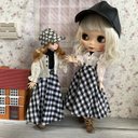 ブライス&りかちゃん人形のハンドメイド洋服*デザインブラウス、ニットトップス、格子柄フレアースカートの3点セット