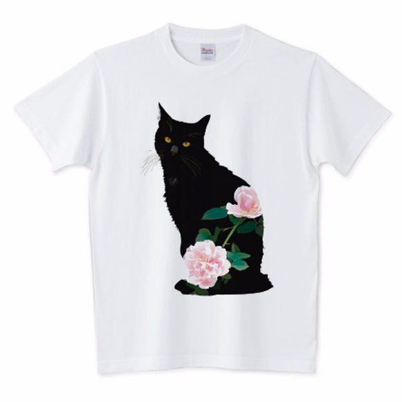 084黒猫バラTシャツ【レディースタイプ／男女兼用タイプ】