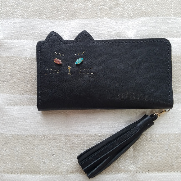 【受注制作】ねこのお顔 Jewelryver. 手帳型スマホケース 牛ソフトヌメ革   全機種対応  カラー変更可能です