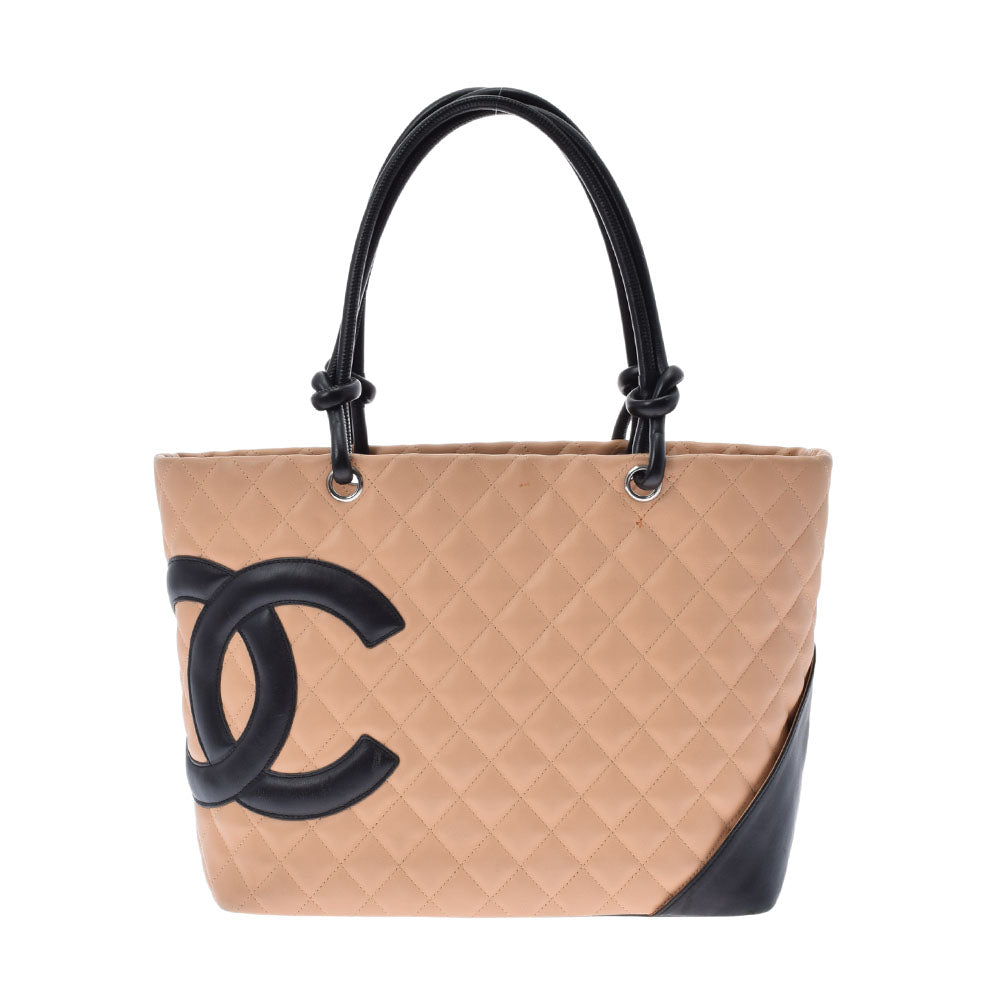 CHANEL シャネル カンボンライン ラージ ベージュ/黒 レディース カーフ トートバッグ Bランク 中古 