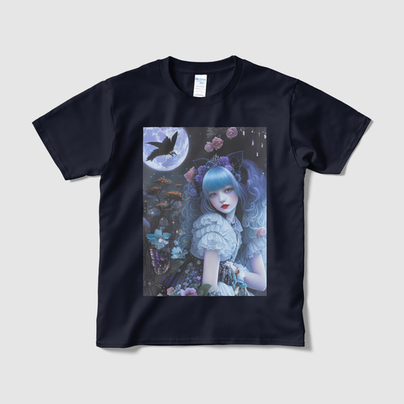 ゴシック調のメイド服で黒い猫耳と青い髪がゆめかわいい女の子 Tシャツ 半袖【4色展開】