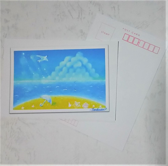 暑中お見舞い・残暑お見舞い絵葉書2枚セット　カモメと海　パステルアート ポストカード