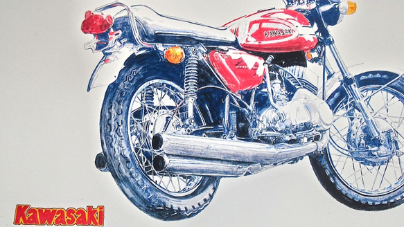 0023 色鉛筆　イラスト　オートバイ　ビンテージ　 KAWASAKI 1970 500SS MACH Ⅲ A4サイズ