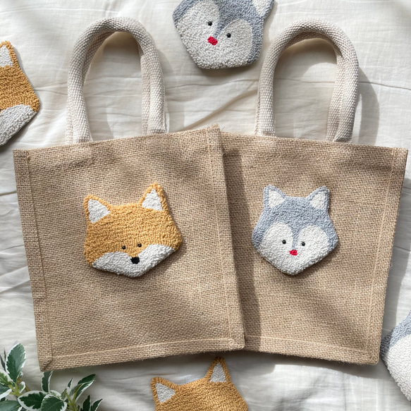 北欧　ジュートバッグ　ランチバッグ　きつね　オオカミ　動物　パンチニードル　刺繍　大人かわいい　ギフト