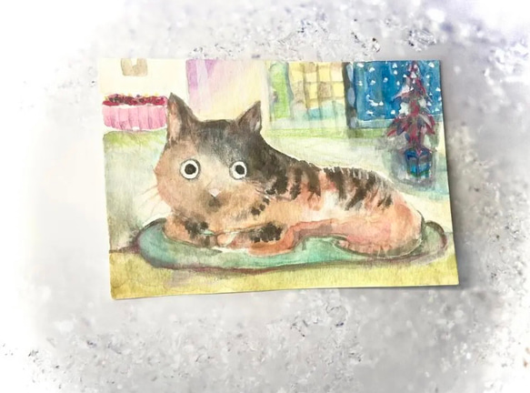 変な猫　原画　イラスト　冬　秋冬　雪　ハンドメイド