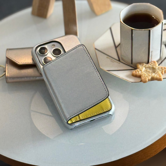 本革　レザー　名入れ可　バイカラー　本革 　スマホケース  　iphoneケース　Silver+yellow