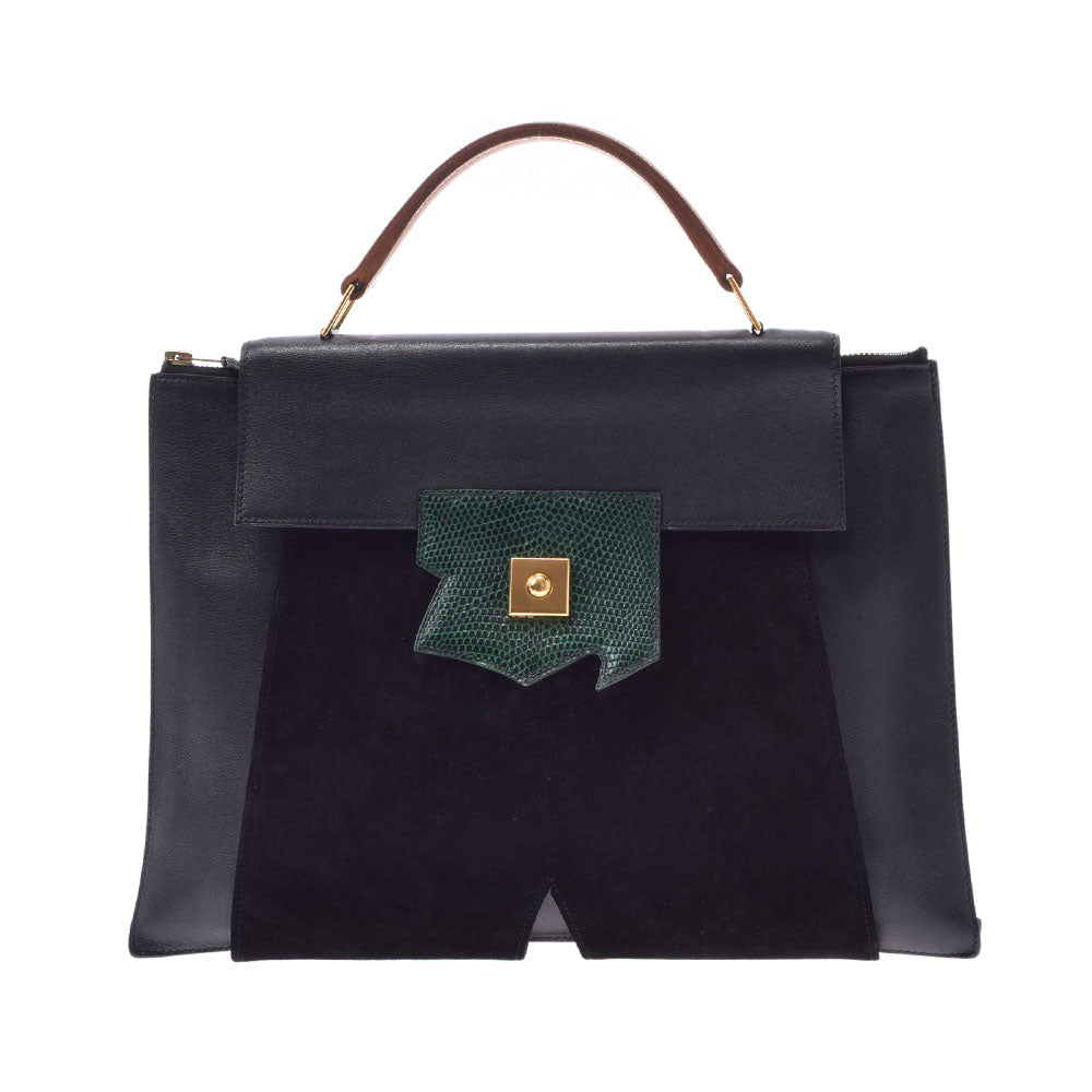 HERMES エルメス プレジデント 黒/緑/茶 メンズ ヴォーガリバー リザード ドブリス ハンドバッグ ABランク 中古 