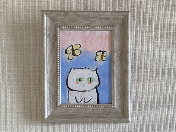 絵画。原画【楽しい白い猫と舞う蝶】