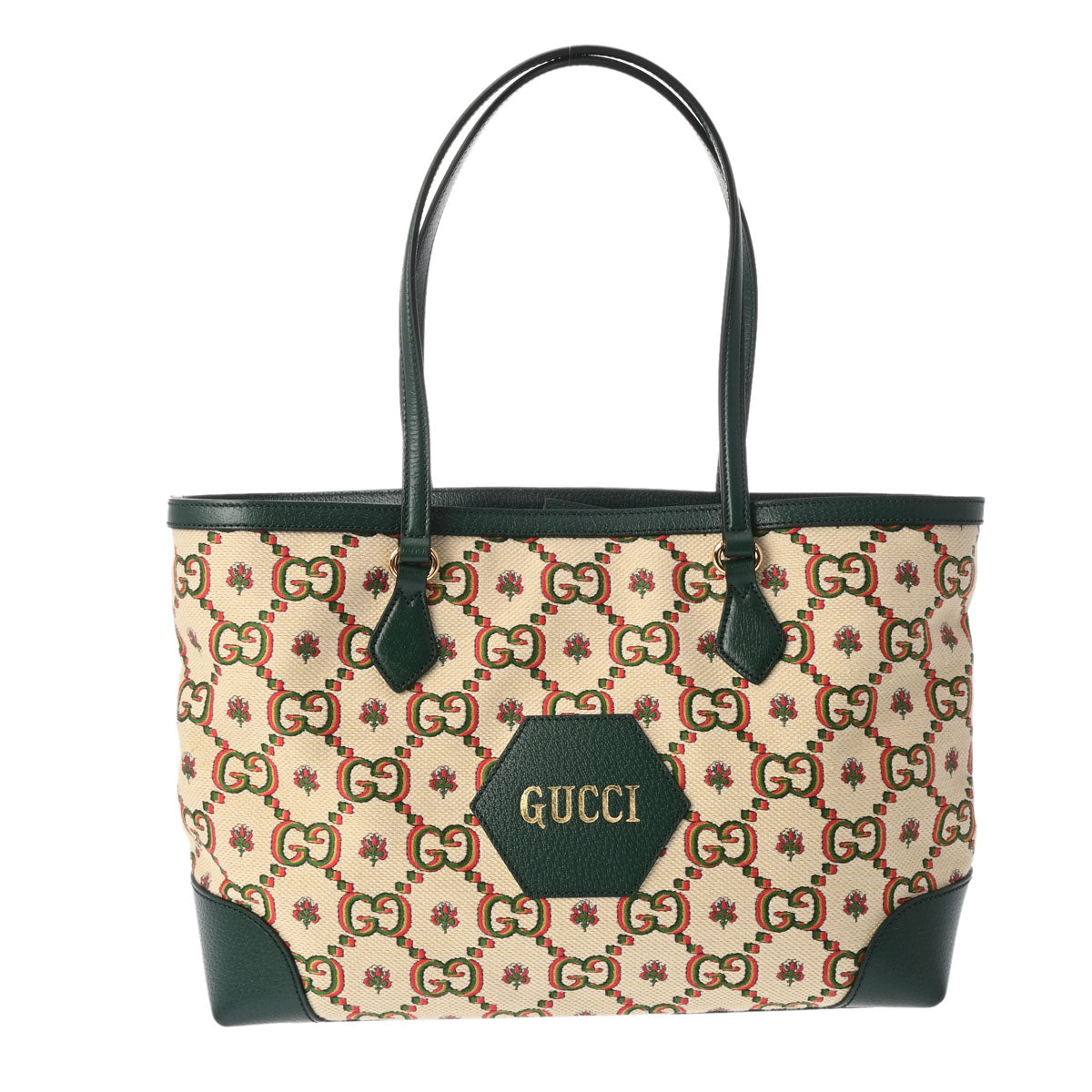 GUCCI グッチ 100周年限定 GG柄 グリーン/アイボリー 676681 レディース キャンバス レザー トートバッグ 新同 中古 