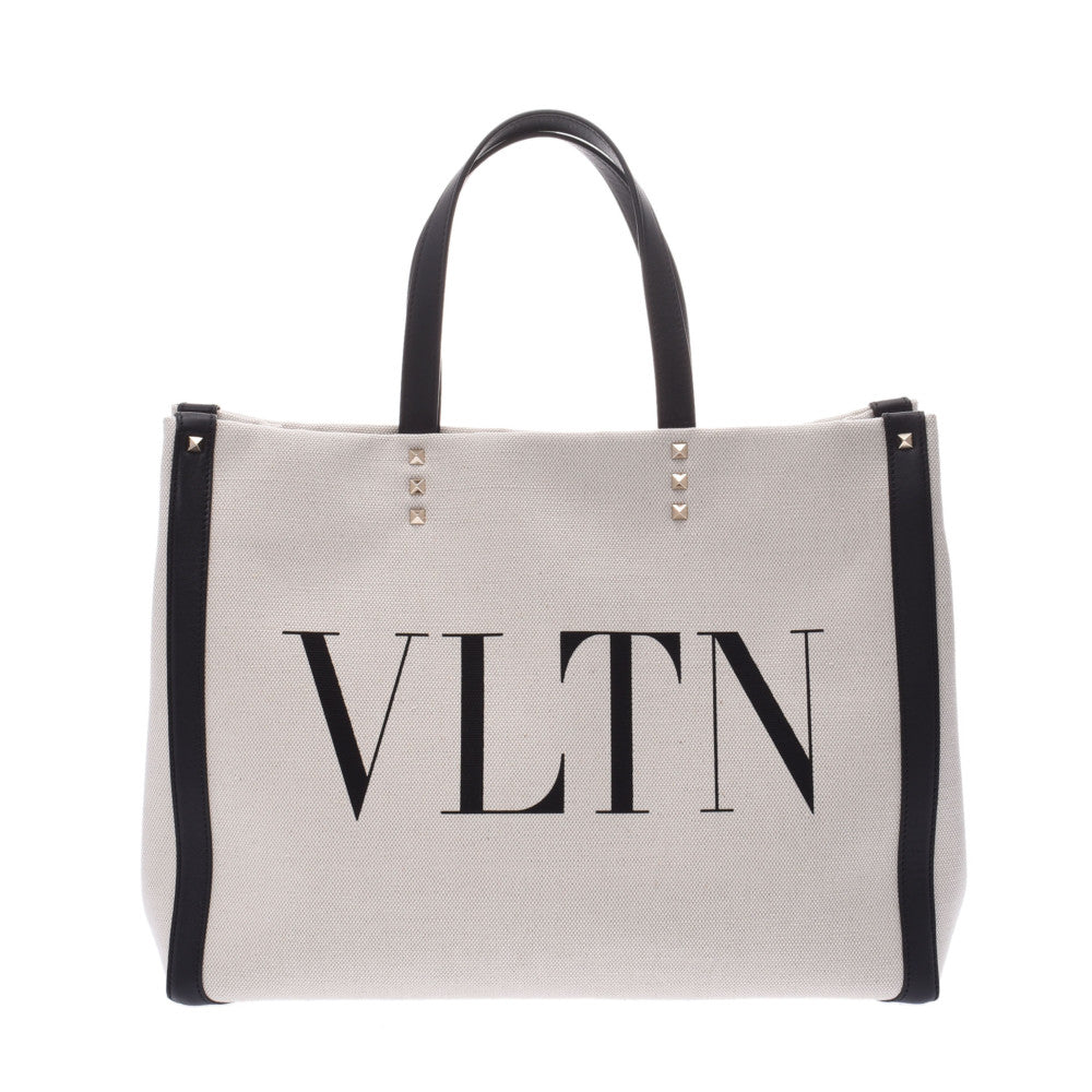 Valentino Garavani ヴァレンティノ・ガラヴァーニ ショッピングバッグ VLTN プリント スタッズ ナチュラル/黒 シルバー金具 ユニセックス キャンバス レザー トートバッグ 未使用 