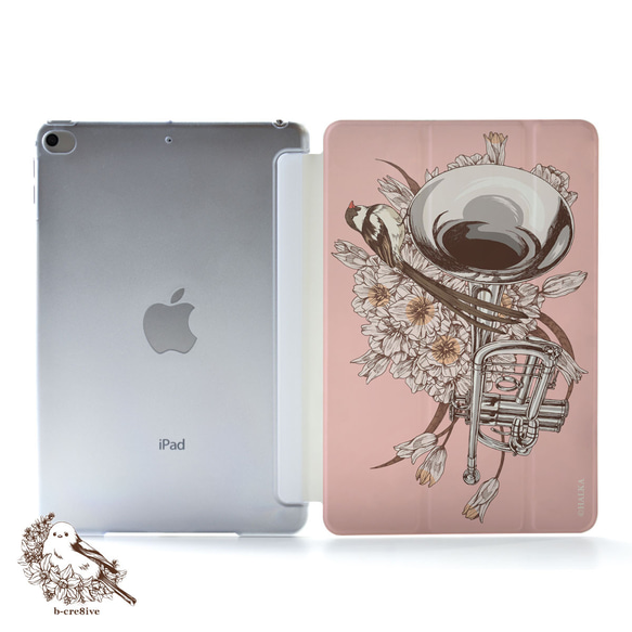 鳥と花と楽器のiPad ケース 名入れ iPadmini iPadpro ピンク かわいい