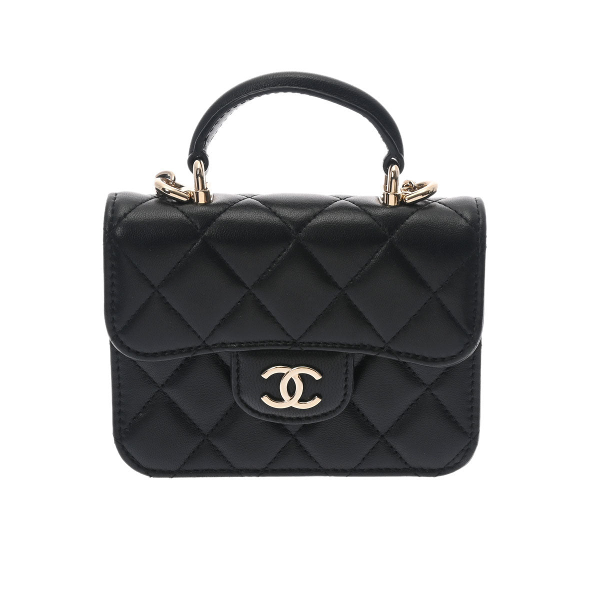 CHANEL シャネル ミニミニマトラッセ トップハンドル チェーンショルダー 黒 ゴールド金具 レディース ラムスキン ショルダーバッグ Aランク 中古 