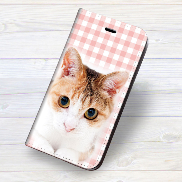 iPhone フラップ無し手帳型ケース ★三毛猫 チェック桃色