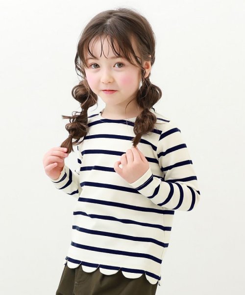 裾スカラップ 先染めボーダー  ストレッチ 長袖Tシャツ 子供服 キッズ ベビー 女の子 トップス 長袖Tシャツ ロンT