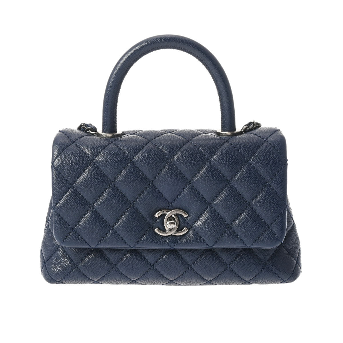 CHANEL シャネル マトラッセ ココハンドル XS チェーンショルダー 2WAY ネイビー ヴィンテージ調シルバー金具 - レディース キャビアスキン ハンドバッグ Aランク 中古 