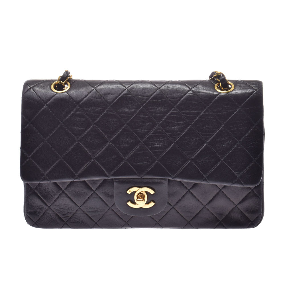 CHANEL シャネルチェーンショルダーバッグ ダブルフラップ  14143 黒 ゴールド金具 レディース ラムスキン ショルダーバッグ  中古