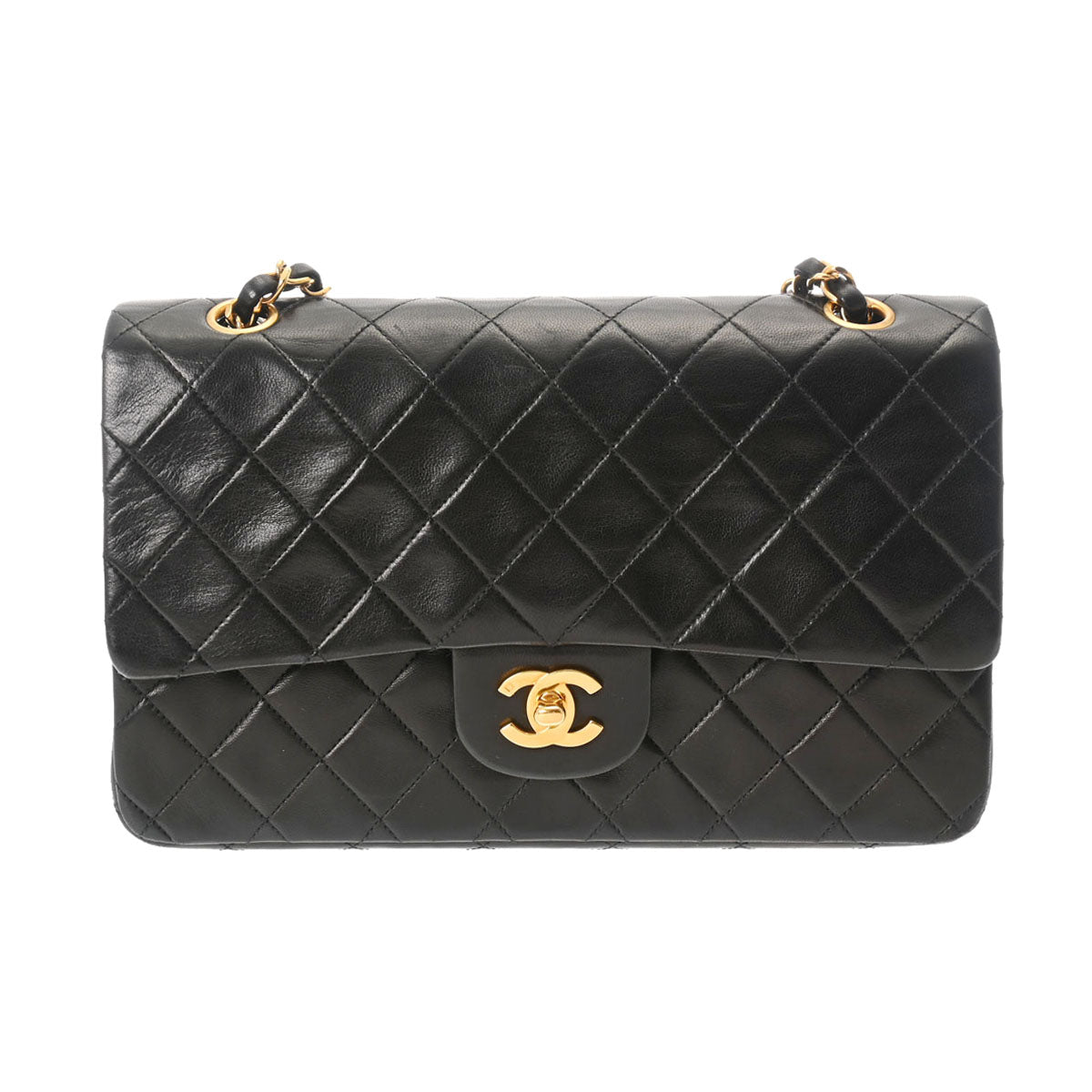 CHANEL シャネル マトラッセ Wフラップ チェーンショルダー 25cm 黒 ゴールド金具 A01112 レディース ラムスキン ショルダーバッグ ABランク 中古 