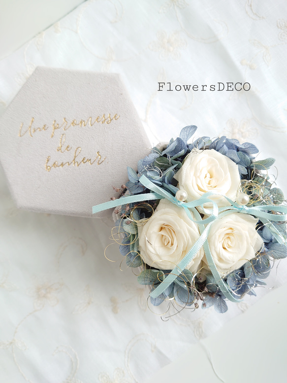 ◇ゼクシィ掲載◇miniバラ&紫陽花　Pale Blue【Flower Box】挙式・プロポーズリングピロー