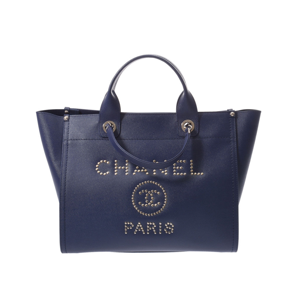 CHANEL シャネル ドーヴィル トート ロゴスタッズ ネイビー A57069 レディース キャビアスキン 2WAYバッグ 新同 中古 