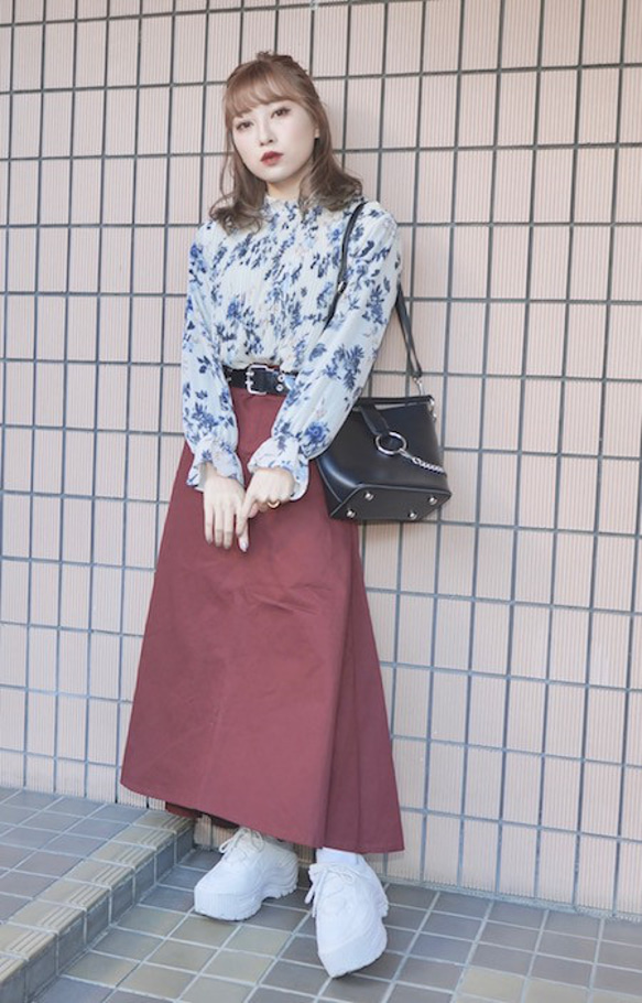 Chino Long A-Line Skirt (Bordeaux) ロングスカート レッド 赤 カジュアル