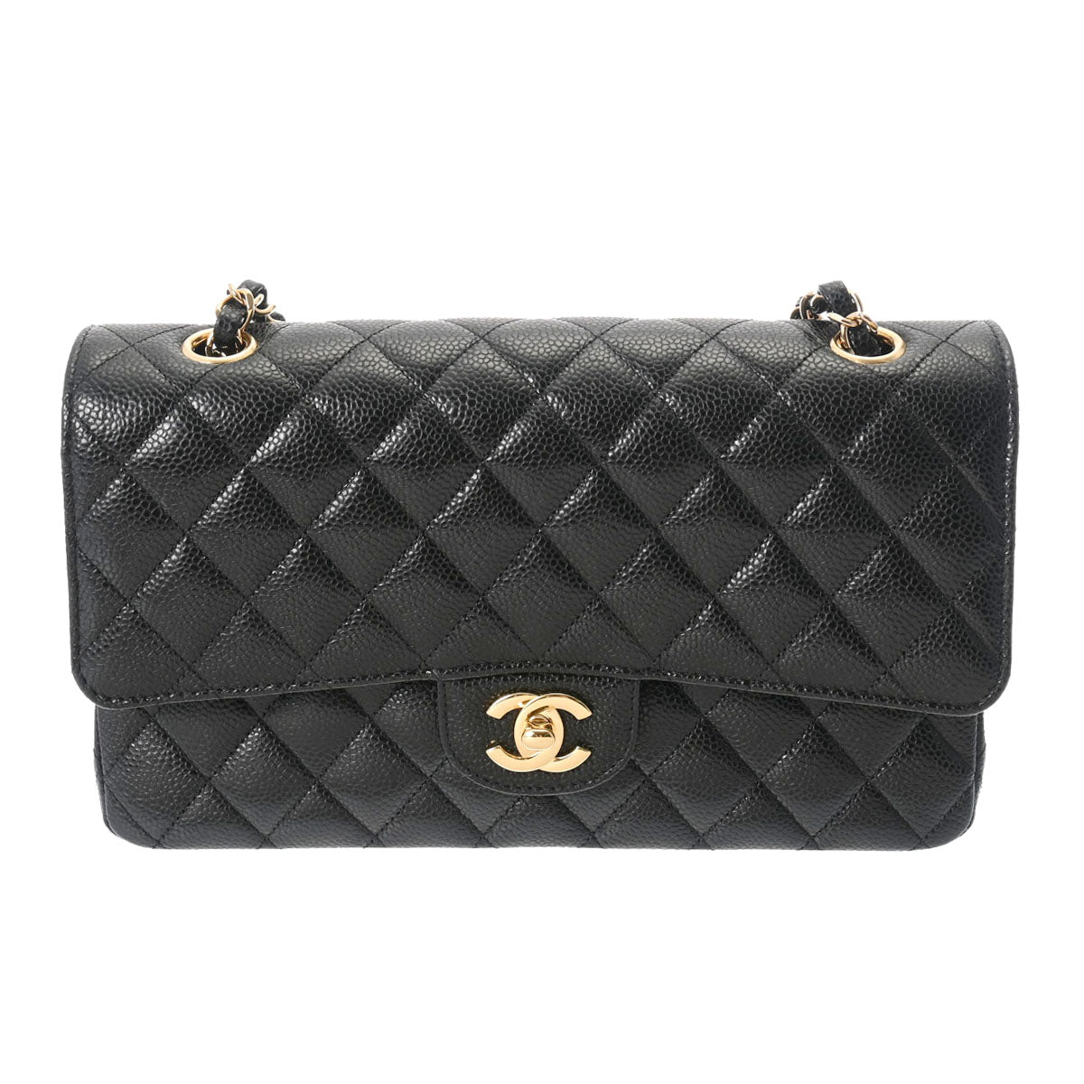 CHANEL シャネル マトラッセ チェーンショルダー 25cm Wフラップ 黒 ゴールド金具 A01112 レディース キャビアスキン ショルダーバッグ 新同 中古 