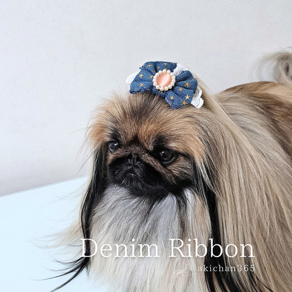 Denim Ribbon／ヘアクリップ、バレッタ、チョーカー、アクセサリー、リボン、デニム、犬、猫