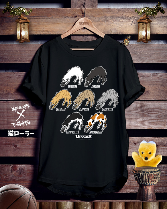 ねこ腹筋崩壊黒Tシャツ「猫ローラー」