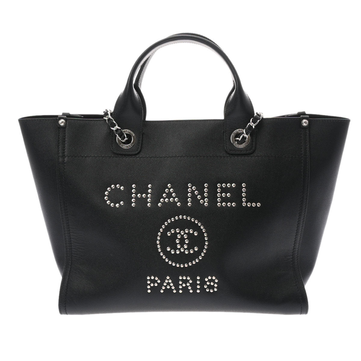 CHANEL シャネル ドーヴィル トート ロゴスタッズ ブラック シルバー金具 A57069 レディース キャビアスキン 2WAYバッグ Aランク 中古 