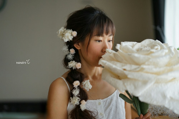 【再販】ラプンツェル風にも*ベビーピンクの薔薇、紫陽花、かすみ草のプリザーブドフラワーヘアパーツ