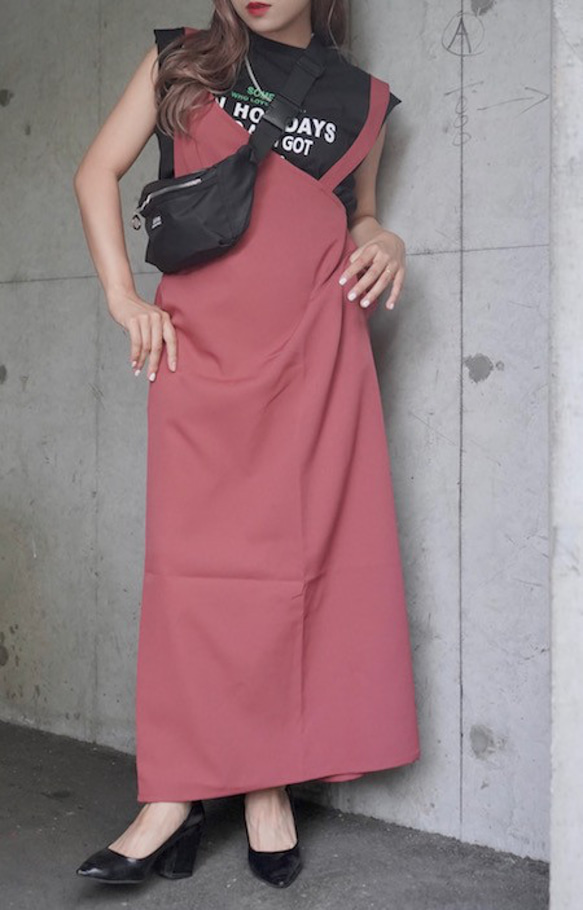 2type Strap Long Jumper Skirt (pink) ロング丈ワンピース レッド 赤 カジュアル