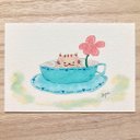 ????透明水彩画「コーヒーカップ猫」 イラスト　ポストカード　2枚セット ねこ　ネコ　花????