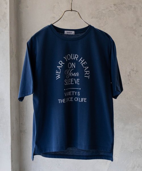 NAVY ネイビー 5分袖アーチプリントTシャツ 115426742