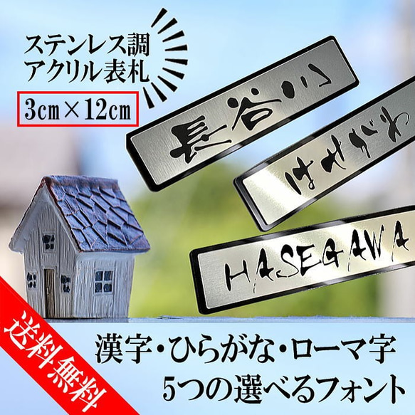 【送料無料】ステンレス調　アクリル表札【3cm×12cm】セミオーダー　屋外対応 【アクリルネームプレート】レーザー彫刻