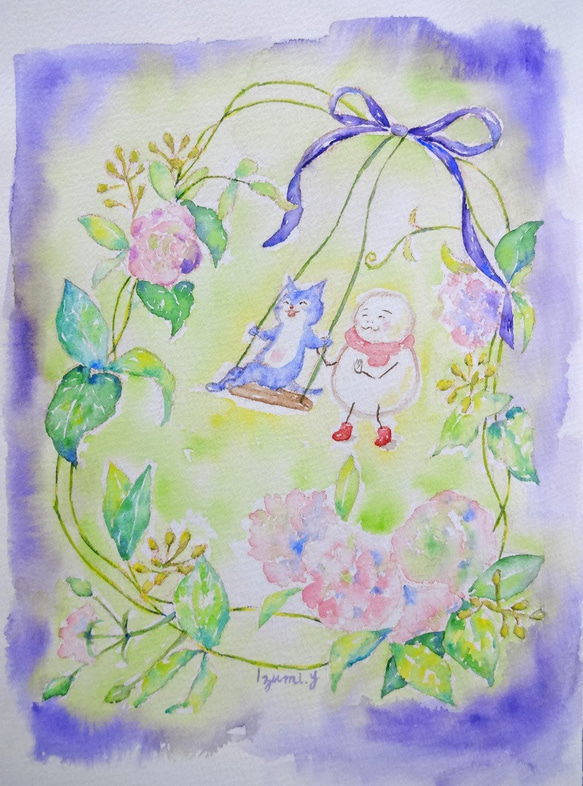 【原画/額装】花ブランコ 2014.02 ポテとゆきだるまん