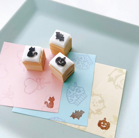 【お得なセット!ハロウィンはんこ】かぼちゃ　くろねこ　コウモリ　3点セット　ミニミニサイズ　ハッピーハロウィン