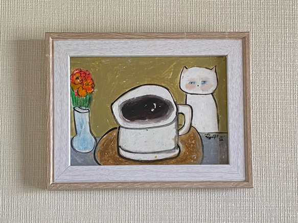 絵画。原画【喫茶店のかわいい白い猫】