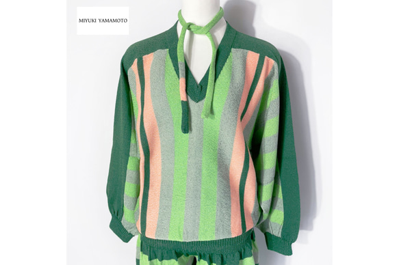 サマーニット✿ グリーン ストライプ トップス　347 GREEN STRIPE TOPS