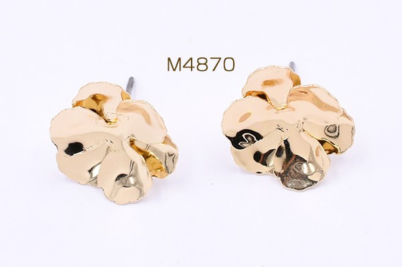 M4870 6個 ピアス金具 2連3弁花 16×16mm ゴールド 3X【2ヶ】