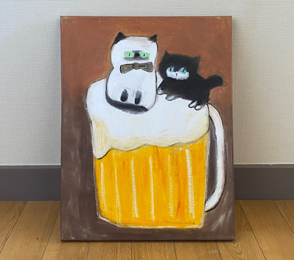 絵画。原画☆キャンバスF6【かわいい猫2匹とビールを飲みます】