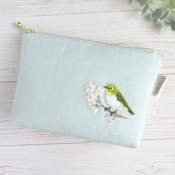 メジロと桜の刺繍小さめリネンポーチ【ミント】