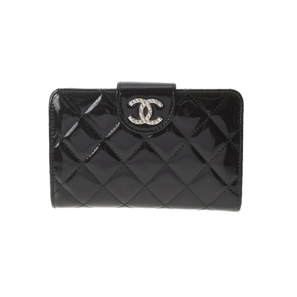 CHANEL シャネル マトラッセ 黒 シルバー金具 レディース エナメル 二つ折り財布 Bランク 中古 