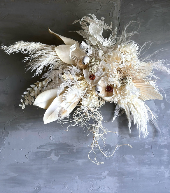 dry flower wall object  white＆white　壁掛け　横長スワッグ