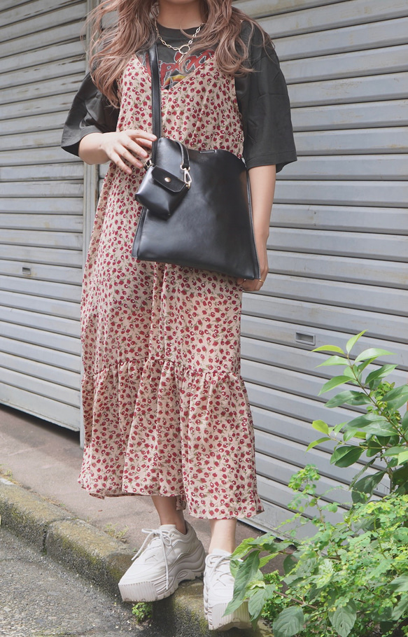 Red Flower Hem-Frill Cami-Onepiece (beige) ロング丈ワンピース ピンク 桃