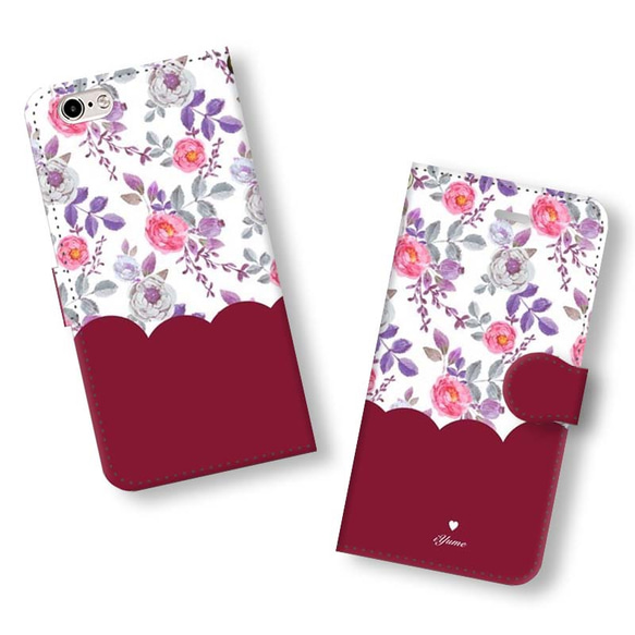 feminine floral case＊ボルドー 名入れ 手帳型  スマホケース iPhone12Pro Xperia