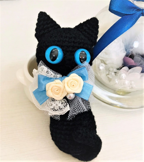 ファンシー♡ぺったんこ黒猫あみぐるみ＊キーホルダー☆受注製作品