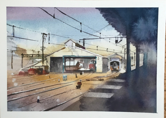 木更津駅　車庫　鉄道　駅　線路　鉄道画　水彩画　手描き