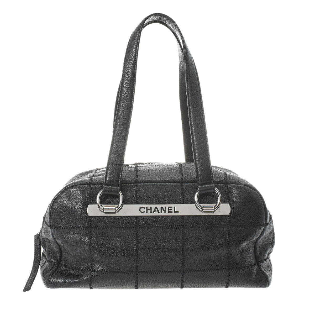 CHANEL シャネル チョコバー ミニボストンバッグ 黒 シルバー金具 - レディース キャビアスキン ボストンバッグ Bランク 中古 